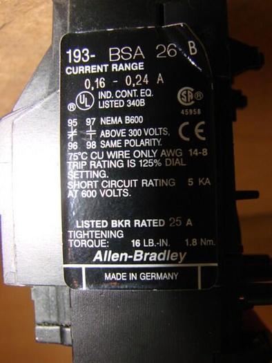 Used ALLEN BRADLEY Overload Relay 193-BSA26 SER B #21239
