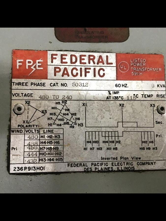 Used FEDERAL PACIFIC 9 kVA Transformer 50312 #138832