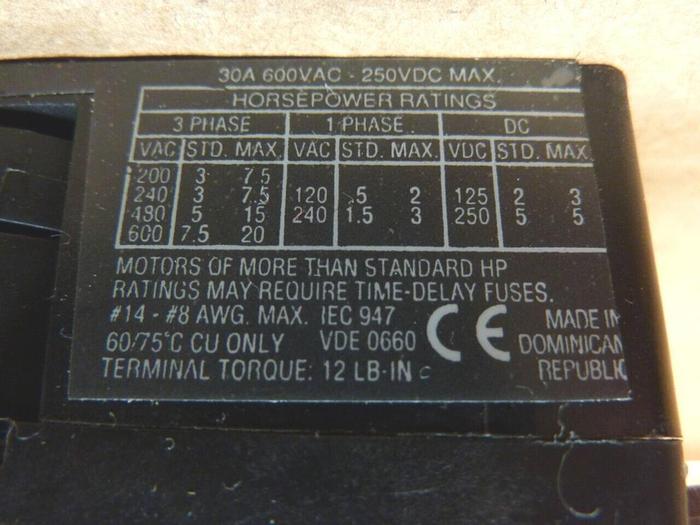 Used ALLEN BRADLEY 30 Amp Disconnect Switch 194R-NJ030P3 SER B #24217