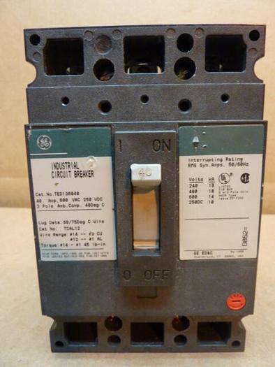 Used GENERAL ELECTRIC / GE 40 Amp Industrial Circuit Breaker TED136040 #34576