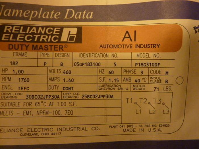 RELIANCE ELECTRIC 1 HP Duty Master Motor P18G3100F #28916