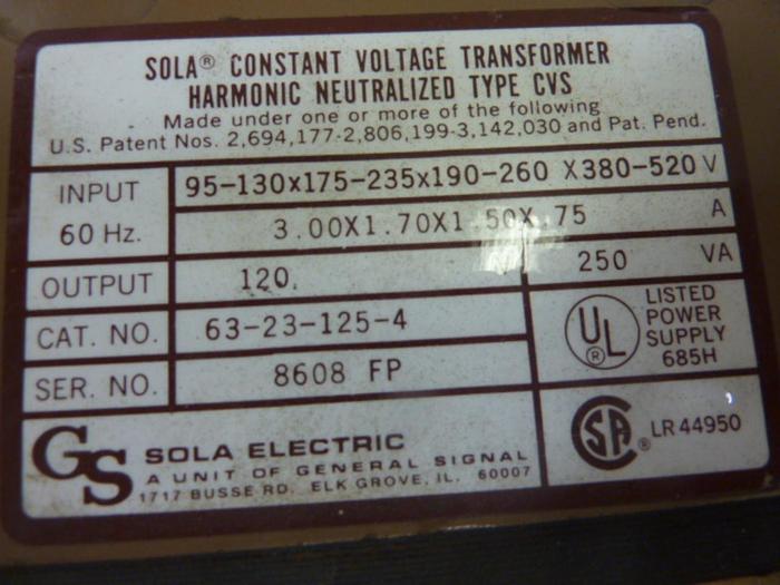Used SOLA ELECTRIC Transformer Regulator 63-23-125-4 #46533
