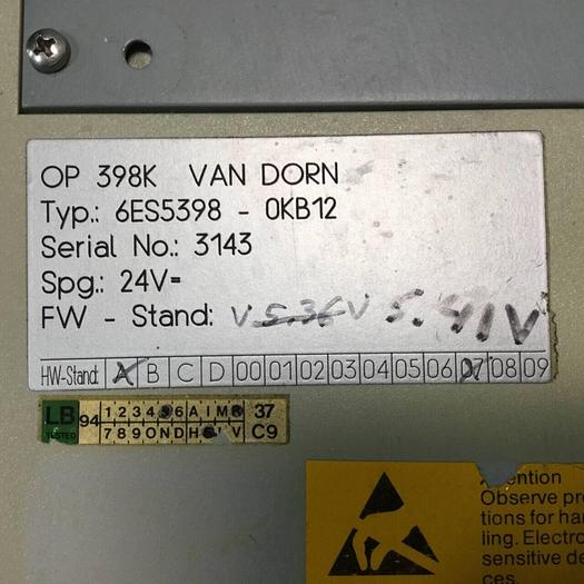 Used VAN DORN OP 398K Pathfinder Operator Control 6ES5398-0KB12 Used