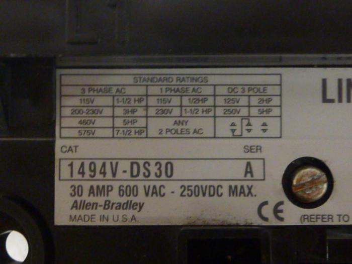 Used ALLEN BRADLEY 30 Amp Disconnect Switch 1494V-DS30 SER A #57365