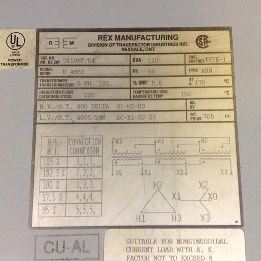 Used REX MANUFACTURING 118 kVA Transformer D118HP/K4 Used