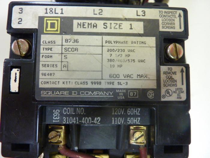 Used SQUARE D Motor Starter Size 1 8736-SC07 #46803