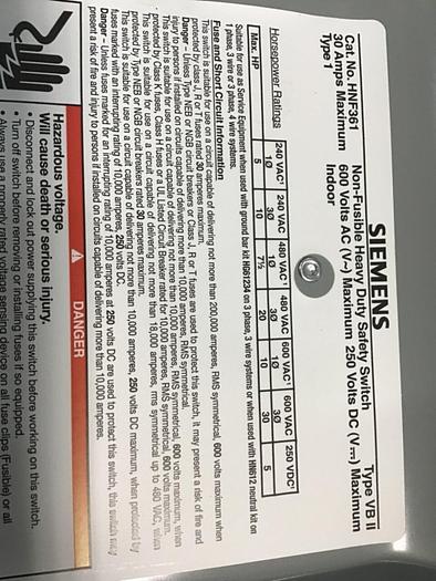Used SIEMENS 30 Amp Safety Disconnect Switch HNF361 VBII #137846