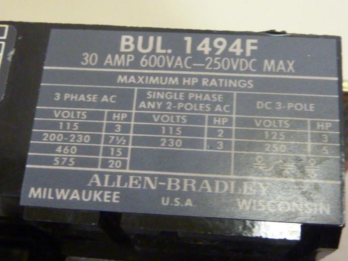 Used ALLEN BRADLEY 30 Amp Disconnect Switch 1494-NF30 SER A #65643