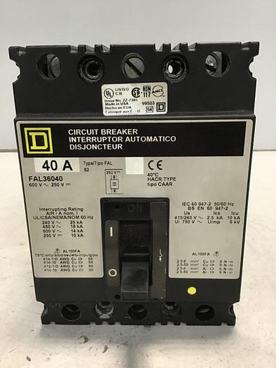 Used SQUARE D 40 Amp Circuit Breaker FAL36040 #138393