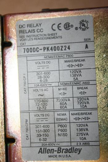 Used ALLEN BRADLEY DC Relay 700DC-PK400Z24 SER A Used