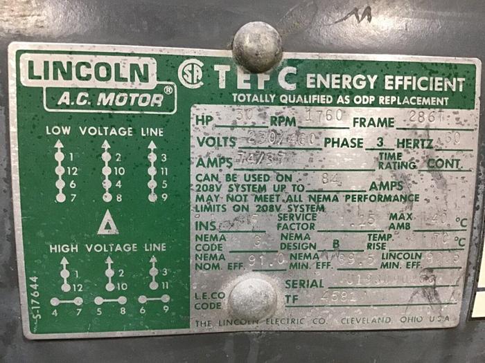 Used LINCOLN ELECTRIC 30 HP AC Motor TF4581 Used