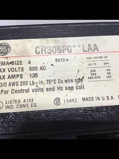Used GENERAL ELECTRIC Size 4 Motor Starter CR306F0.LAA Used