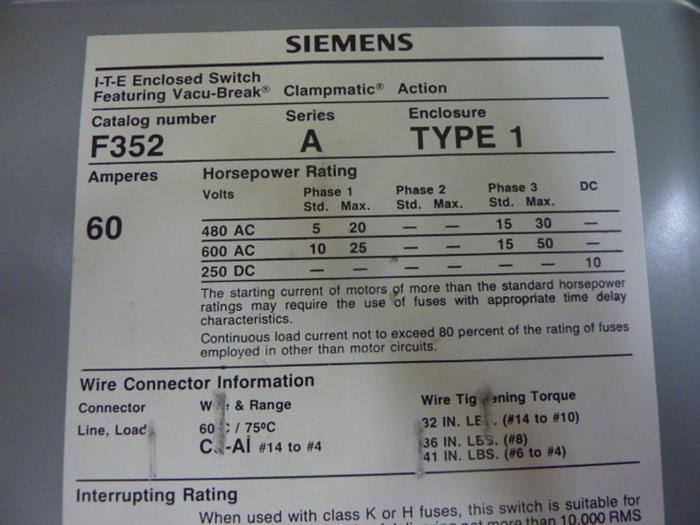 Used SIEMENS 60 Amp Safety Disconnect Switch F352 #66985