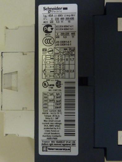 Used TELEMECANIQUE Contactor LC1D25BD #64351
