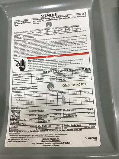 Used SIEMENS Heavy Duty Safety Switch HNF361 #139185