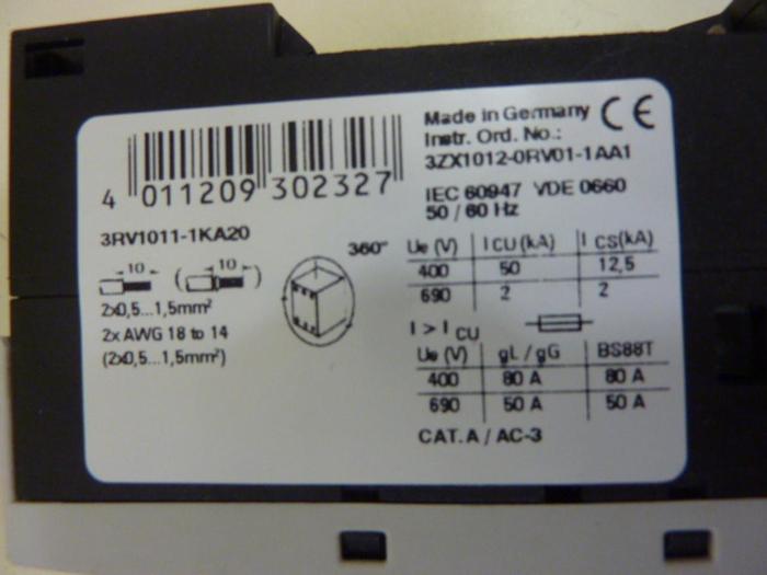 Used SIEMENS 12 Amp Starter Motor Protector 3RV1 011-1KA20 #64783