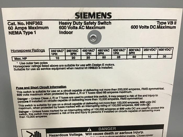 Used SIEMENS Heavy Duty Safety Disconnect Switch HNF362 #130229