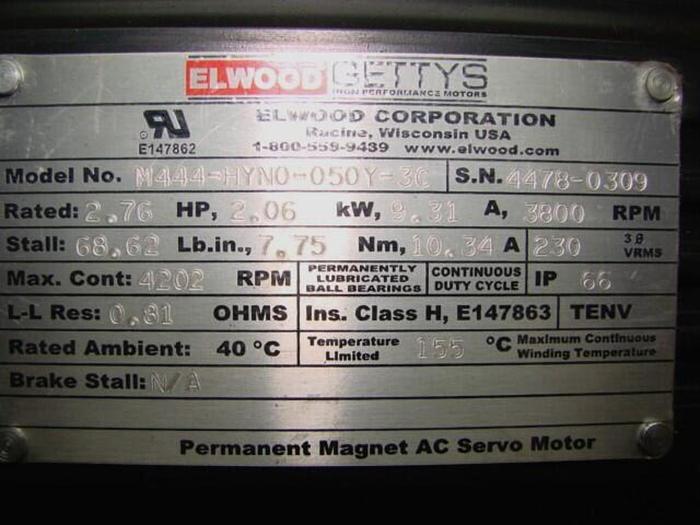 Used ELWOOD CORPORATION 2.76 HP Servo Motor M444-HYN0-050Y-3C Used