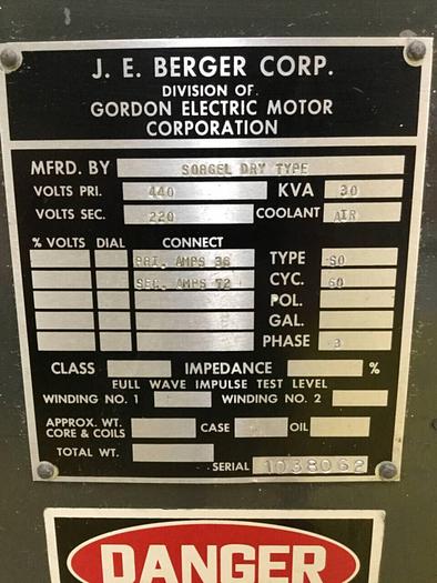 Used J.E. BERGER CORP. 30 kVA Transformer 30KVA Used