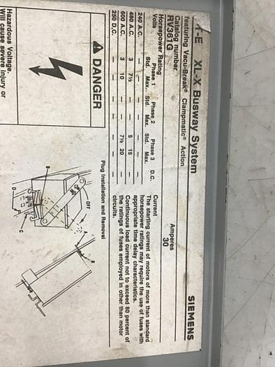 Used ITE SIEMENS 30 Amp Bus Disconnect Switch RV361G #137255