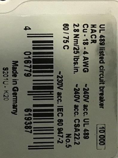 Used ABB Circuit Breaker 20 Amp S2014-K20A #119600