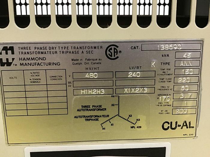 Used HAMMOND 45 kVA Transformer 138690 Used