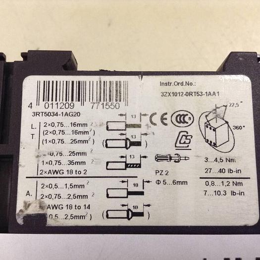 Used SIEMENS Contactor 3RT5 034-1AG20 #84404