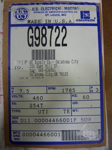 US ELECTRICAL MOTORS 7.5 HP Motor 698722 Used