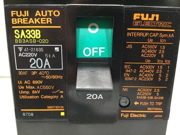 Used FUJI ELECTRIC 20 Amp Auto Circuit Breaker SA33B-20 #108879