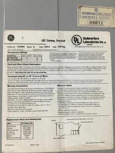 Used GENERAL ELECTRIC Safety Switch TG4324 #100958