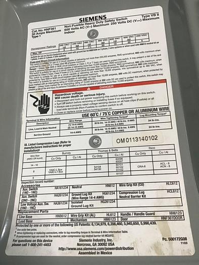 Used SIEMENS 30 Amp Safety Disconnect Switch HNF361 VBII #137852