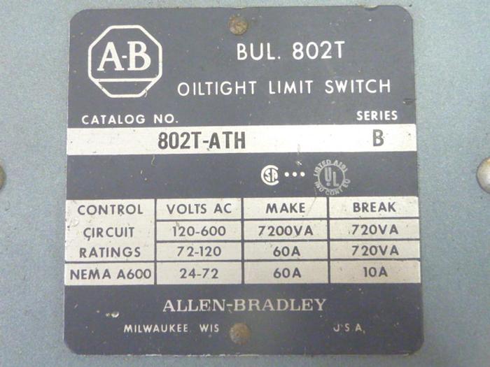 Used ALLEN BRADLEY Limit Switch 802T-ATH SER B #43243