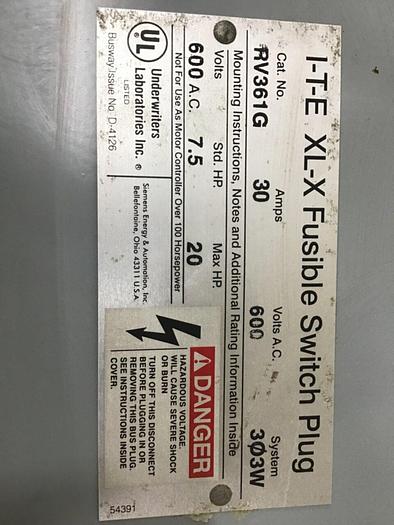 Used ITE SIEMENS 30 Amp Bus Disconnect Switch RV361G #137250