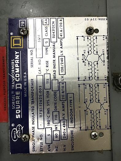 Used SQUARE D 5 kVA Transformer 5S1F #135887