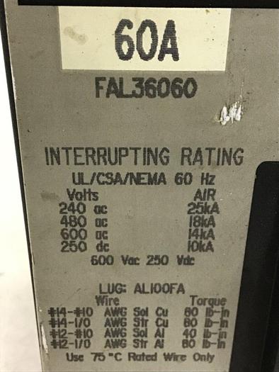 Used SQUARE D 60 Amp Circuit Breaker FAL36060 / SWITCH #138639