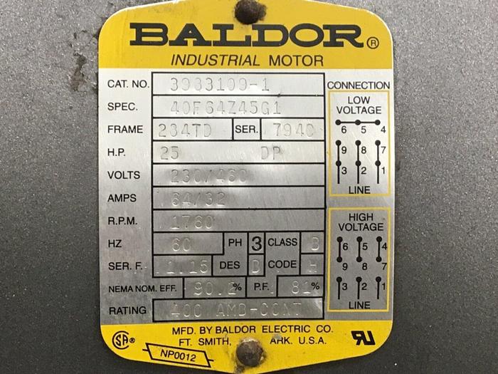 Used BALDOR 25 HP Motor 3983109-1 Used