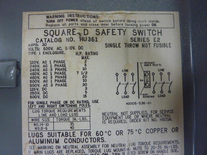 Used SQUARE D 30 Amp Safety Switch HU361 E2 #54898