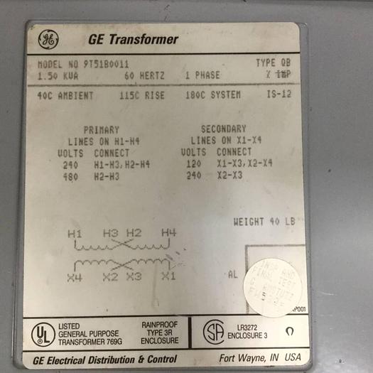 Used GENERAL ELECTRIC / GE 1.50 kVA Transformer 9T51B0011 #91168