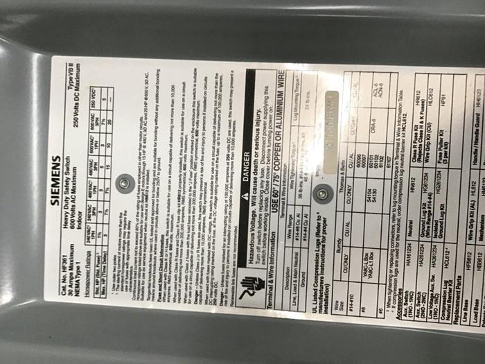 Used SIEMENS 30 Amp Disconnect Switch HF361 #133301