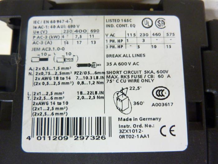 Used SIEMENS Contactor 3RT1025-1K #45538