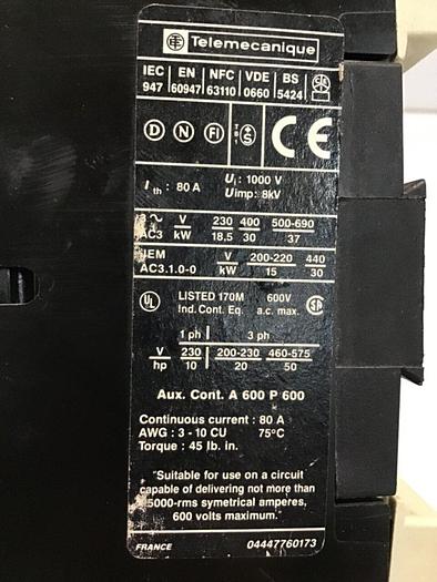 Used TELEMECANIQUE Contactor LC1D6511 #126713