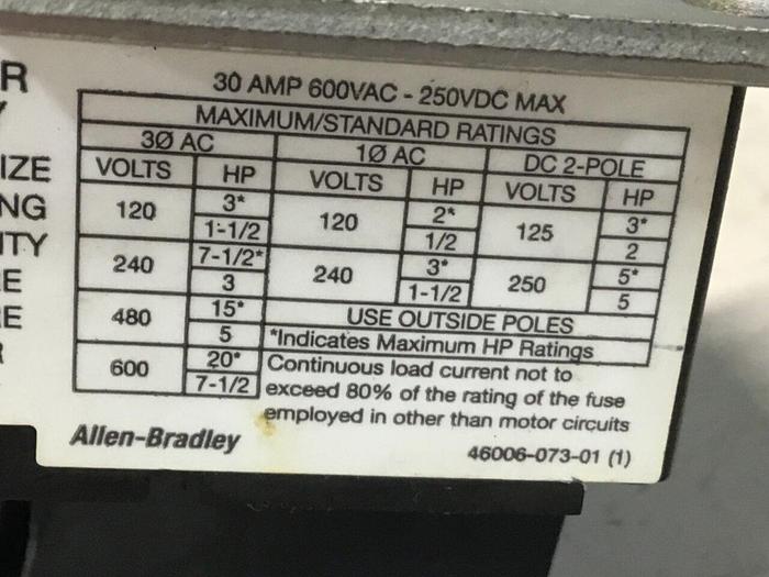 Used ALLEN BRADLEY Line Terminal Guard Disconnect 1494V-DS30 SER D #132420