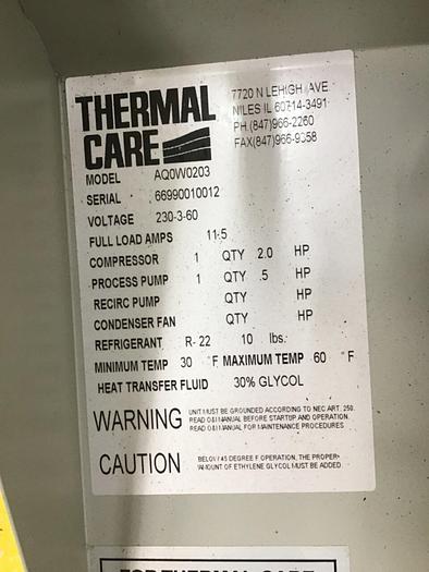 Used THERMAL CARE 2 Ton Air Cooled Chiller AQ0W0203 USED
