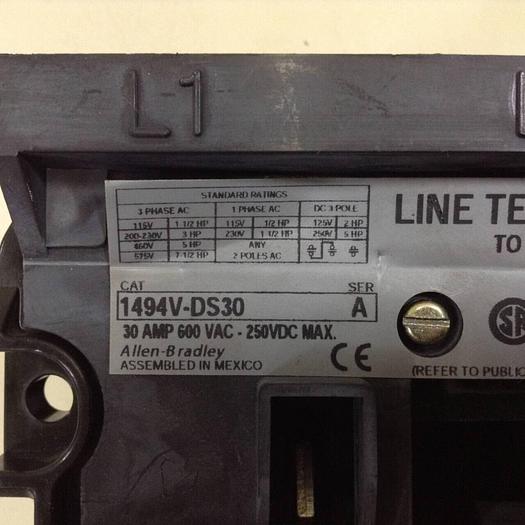 Used ALLEN BRADLEY 30 Amp Disconnect Switch 1494V-DS30 SER A #85303