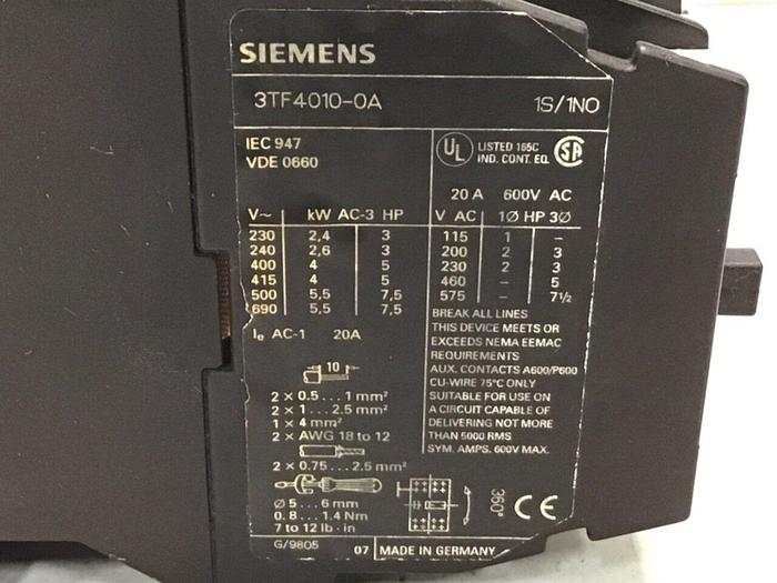 Used SIEMENS Contactor 3TF4010-0A #132777