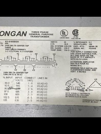 Used DONGAN 30 kVA Transformer 63-61030SH #132812