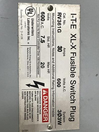 Used ITE SIEMENS 30 Amp Bus Disconnect Switch RV361G #137239