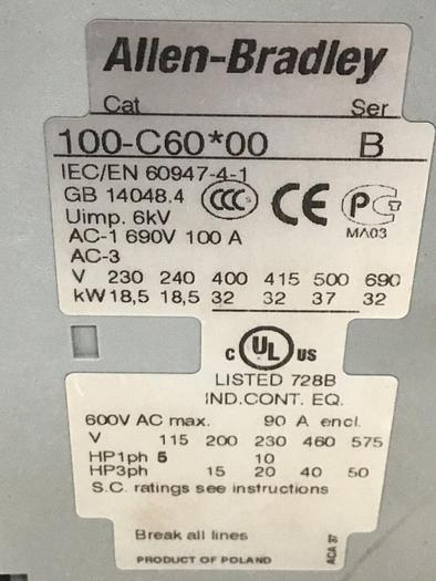 Used ALLEN BRADLEY Contactor 100-C60.00 SER B #143927