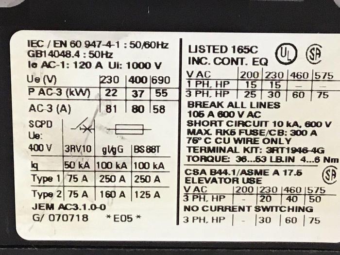 Used SIEMENS Contactor 3RT1045-1AK60 #122910