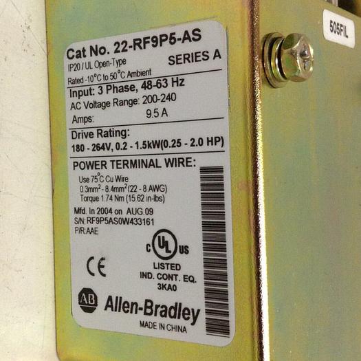 Used ALLEN BRADLEY Powerflex 4 Line Filter 22-RF9P5-AS SER A #78388